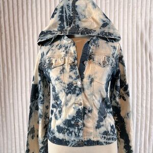 YMI bleached, splattered, hooded, lightweight, jean jacket, medium